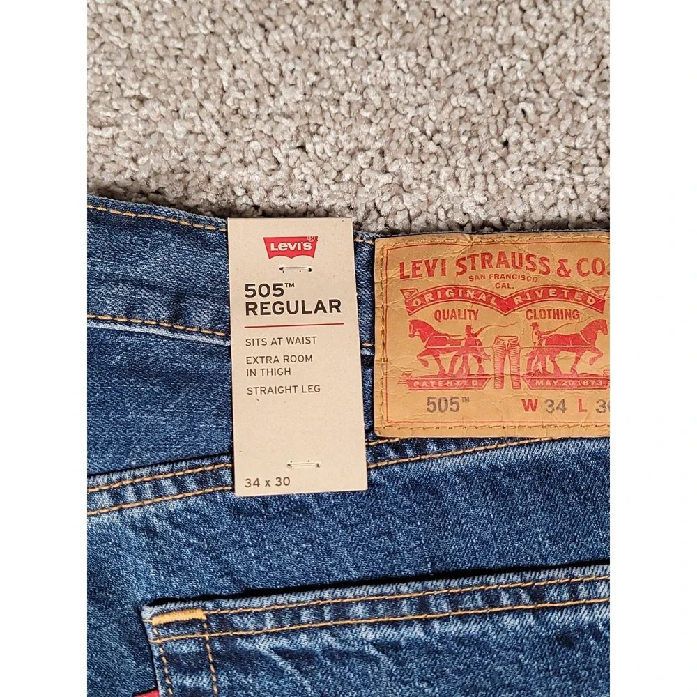 Levi's 505 Jeans Mens 34x30 Regular Fit Stretch Dark Wash Denim Straight NWT $60